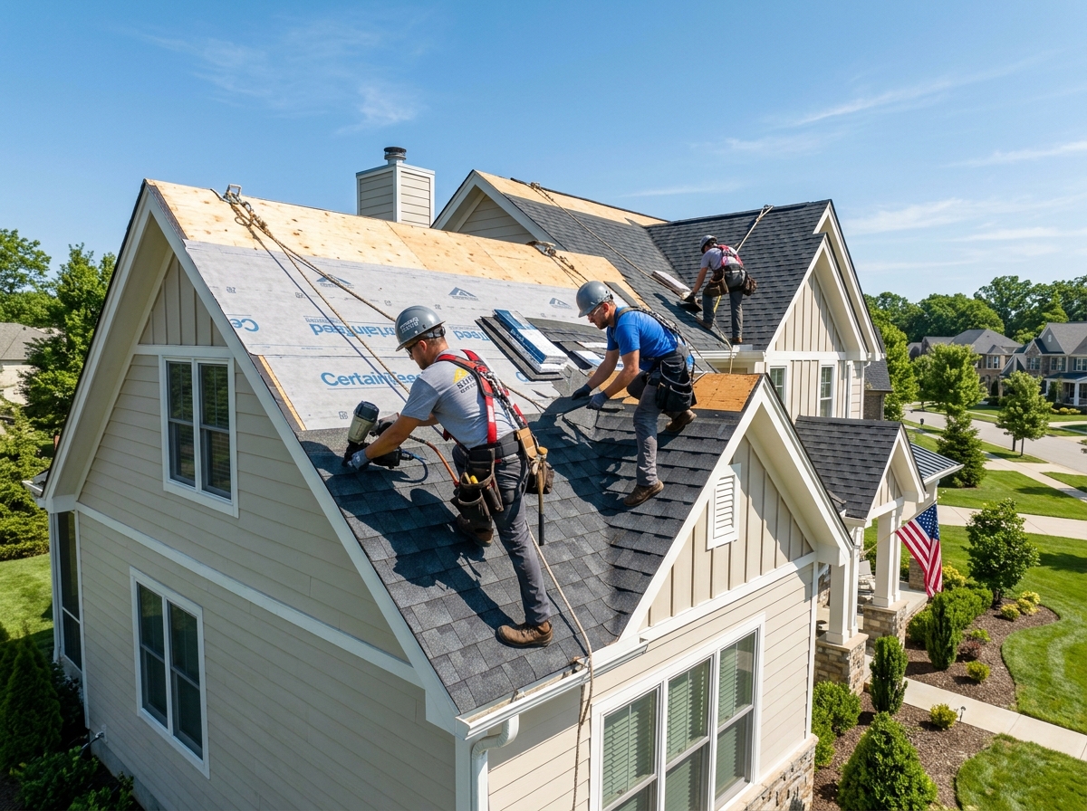 Professional roofing contractors installing architectural asphalt shingles on residential home